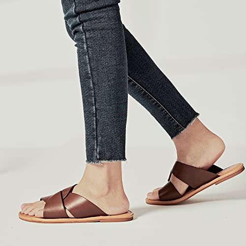 Image of Luoika Women's Wide Width Flat Slides Sandals, Strapy Slide Sandal Slip on Dressy Summer Shoes for Women.