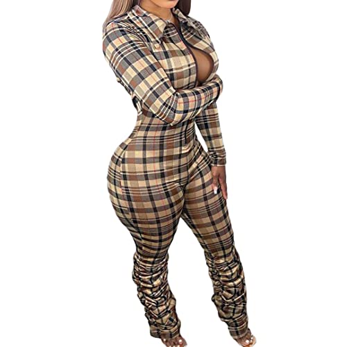 Cercur Women Women Sexy Jumpsuit Plaid Long Sleeves V Neck Grid Bodysuits Lady Fashion Playsuits #TOP1