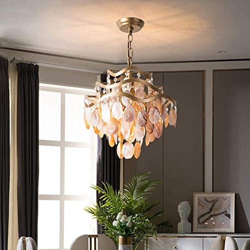 MECOLA 4 Lights DIY Pendant Light, Oyster Shell Pink Beach Hanging Light DIY Seashell Chandelier with Adjustable Chain, for Hallway Bedroom Dining Room, MO1909 - Image 3