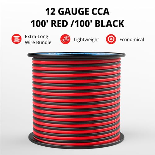 NAOEVO 12 Gauge Wire 100FT, 2 Conductors Electrical Wire Red Black Cable, Flexible/Low Voltage/PVC 12 AWG Copper Clad Aluminum Extension Cord for Speaker, LED Strips, Automotive 12V/24V DC