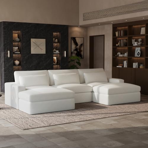 Image of Novilla 140 inch Deep Seat Modular Sectional Sofa, Removable Washable Covers, U Shape 5 Seater Cloud Couch with Lumbar Pillows, Chenille Boneless Sectional Couch Beige, No Assembly Required