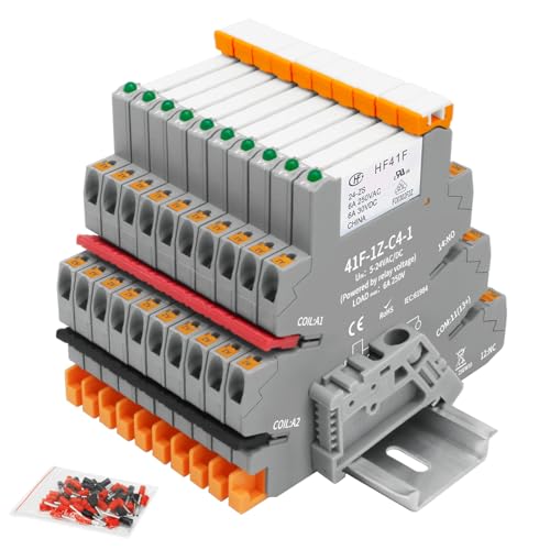 Image of (10pcs) 24V Relay, Din Rail, 24V Coil DC/AC, Silm, PLC Signal Relay, HF41F/12-ZS 5-Pin 1NO 1NC 6A SPDT with LED Indicator, Jumper with Socket Base, 24V Relay DC, 6A 250VAC/30VDC Load Max