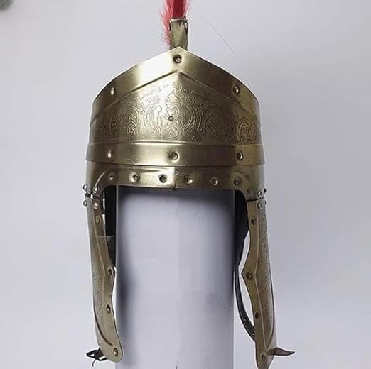 Medieval Roman Spartan Helmet with Red Plume – Antique Brass Finish Greek Warrior Armor Costume Helmet.