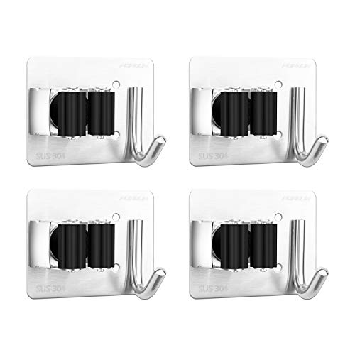 4 Piezas Colgador de Escobas y Fregonas Pared, Soporte Adhesivos Acero Inoxidable Organizador para Hogar, Cocina, Garajes, 1 Posiciones y 1 Ganchos，Negro