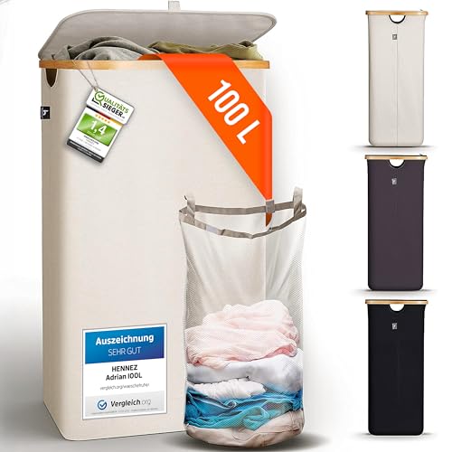 HENNEZ 100L Wäschekorb mit Deckel Beige - herausnehmbaren Wäschesack...