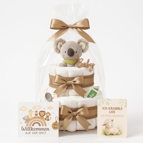 Torta di pannolini per bambine e ragazzi con koala – Boho Vintage [fatto a mano] – Regalo per la nascita con manico...