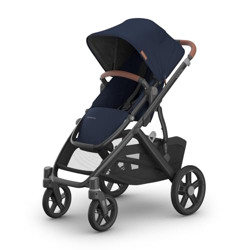 Image of UPPAbaby Vista V3 Stroller - Full-Size Single-to-Double Stroller System - Toddler Seat, Bug Shield, Rain Shield, and Storage Bag Included - Noa (Navy/Carbon Frame/Saddle Leather)