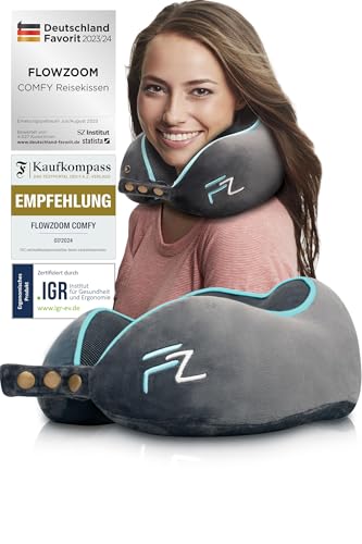 FLOWZOOM Comfy Nackenkissen Flugzeug & Auto - Einstellbares Memory Foam Reisekissen mit flexiblen Druckknöpfen für 360° Stütze, atmungsaktiver...