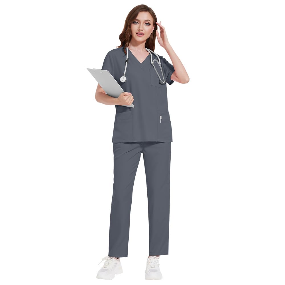 Scrubs DK77 Ensemble d'uniforme médical pour femme avec col en V, manches courtes, pantalon à jambe droite, 8 poches, cordon de serrage extensible, évacuation de l'humidité