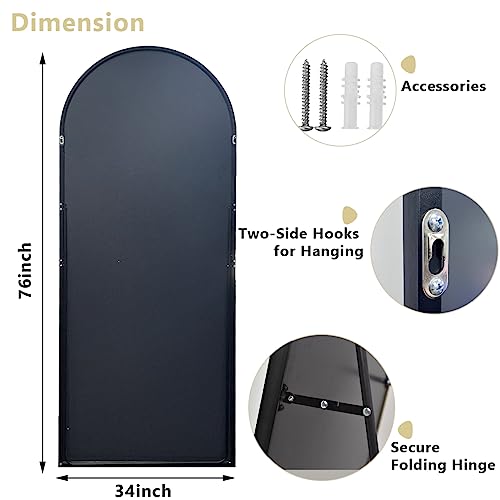 Oversized Full-Body Mirror, 76" x 34" Arched Full-Length Mirror, Black Metal Frame, Floor Mirror for Bedroom, Living/Dressing Room, Gym - Stand/Wall Mounted/Leaning