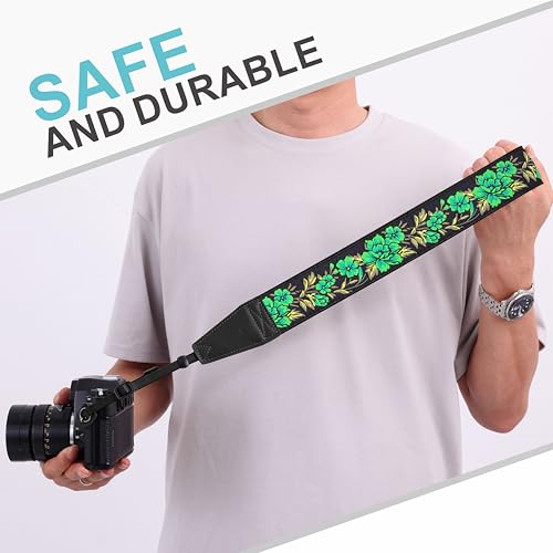 Image of Padwa Lifestyle Green Rose Camera Strap - 2 inch Full Grain Leather Ends Camera Straps for Photographers, Vintage Embroidered Cotton Soft Suede Fabric Padded Strap Quick Release fits All Cameras