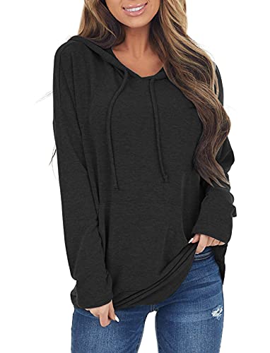 Minthunter Women's Long Sleeve Fashion Hoodies Drawstring Sweatshirts Hooded Tops with Pocket (Black,X-Large,Adult,Female,Alpha,US,X-Large,Regular,Regular)