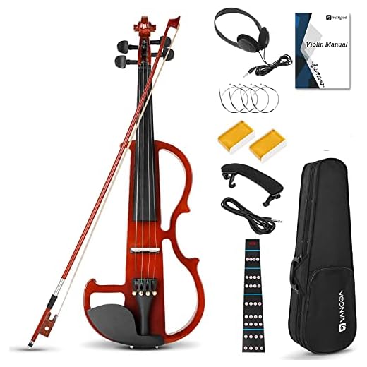 Vangoa Electric Violin 4/4 Full Size Silent Violin Set for Beginner Adults Teens, Solid Maple Wood Metallic Electronic Quite Violin with Ebony Fittings, Red Color