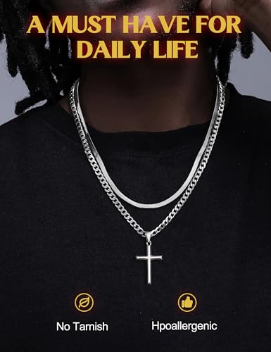 925 Sterling Silver Cross Necklace Men - Layered Cross Pendant Necklaces Waterproof Stainless Steel Cuban Link Herringbone Chain Silver Necklace Stack Jewelry with Gift Box 16-30 Inches2