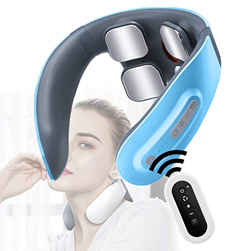 ZhiLianZhao 4 Cabezas Masajeador de Cuello, Aparato de Masaje de Vértebra Cervical con 6 Modos de Masaje, Control Remoto, Transmisión de Voz para Hombres, Mujeres, Regalos Personas Mayores,Azul
