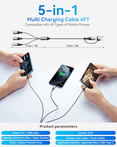 UZAHSK 5 in 1 Multi Charging Cable with Data Transfer [3A 1.2M] Nylon Multi Fast Charging Cable, USB A/C Charger Cords with Micro/Type C/Lightning for iPhone Series/Samsung/Tablets/PS and More - Image 6