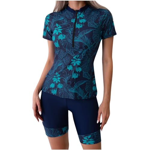 Women Two Piece Rash Guard Short Sleeve Swim Shirt with Shorts Swimsuits Zipper Surfing Bathing Suit Swimwear Set - Main Image