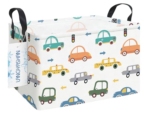 LANGYASHAN Rectangular Storage Bin Collapse Canvas Fabric Cartoon Storage Basket with Handles for Organizing Home Kitchen Boys and Girls Toys Office Closet Shelf Baskets(Rec Color Cars)