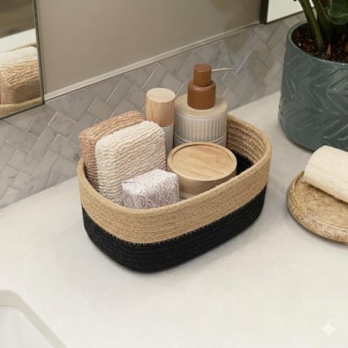 Image of 100% Natural Jute small box mini rope paper storage Round hamper baby nursery tray bucket for Living Kitchen, Office, Drawing Room,fruits, kitchen, office, Set of 3 (black and beige 3 set)