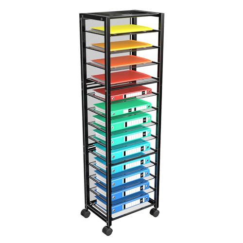 Simple Trending 14 Tier Rolling File Cart, Desk File Organizer with Sliding Trays and Wetal Mesh Paper Letter Storage Multi-Functional Rolling Clutter Cart for Office, Home, School, Black