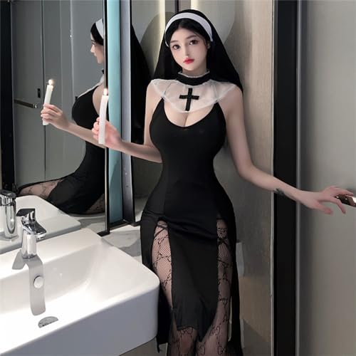 Frauen Cosplay Nonne Sexy Dessous Japanische Anime Niedlich Hollow Out Jumpsuit Französisch Dienstmädchen Kleid – Bild 3