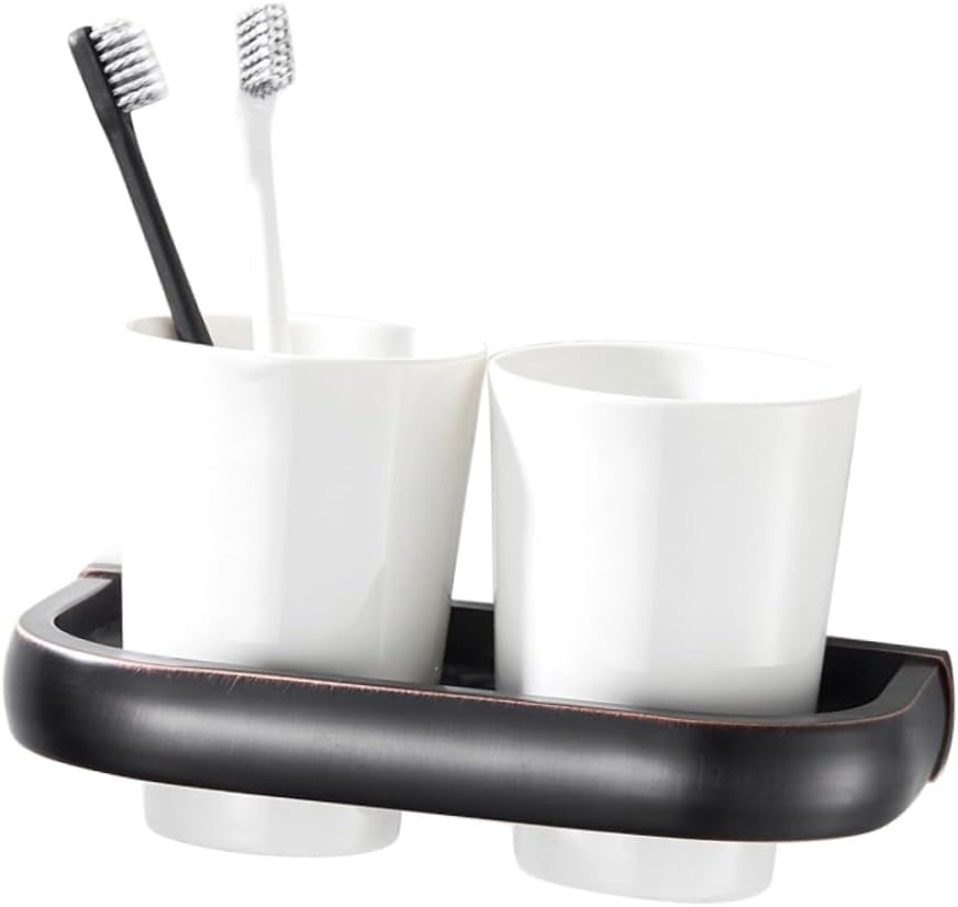 Vintage Antique Copper Double Toothbrush Holder Wall Mounted Tumbler Rack for Bathroom Hotel and Home Decor Elegant Ceramic Cups Design Easy Installation