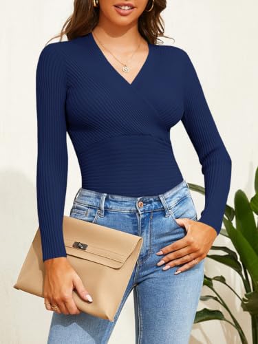 Image of Fangetey Womens Deep V Neck Sexy Wrap Sweater Long Sleeve Slim-Fitted Knitted Jumper Top