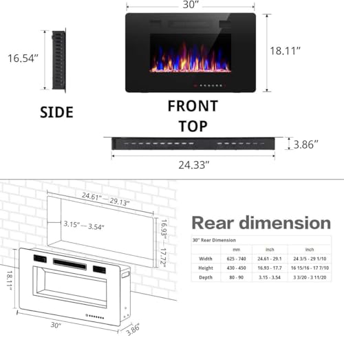 Image of R.W.FLAME 30 inch Recessed and Wall Mounted Electric Fireplace, Low Noise,Fit for 2 x 4 and 2 x 6 Stud, Remote Control with Timer,Touch Screen,Adjustable Flame Color and Speed, 750-1500W