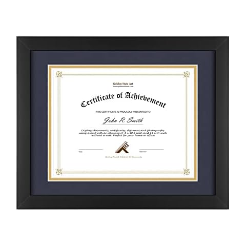 Golden State Art, 11x14 Diploma Frame for 8.5x11 Document & Certificates with Mat, Or 11x14 Without Mat, Real Glass, Double Mat (Black with Navy/Gold Mat, 1 Pack, Solid Wood) Cover