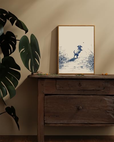 Image of ARPEOTCY Vintage Framed Canvas Wall Art, 12x16inch, Farmhouse Happy Dog Wall Decor, Animal Art Prints Home Decorations, Sketch Paintings for Living Room Bedroom Shelf Decor