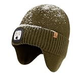 TOP-EX DryKnit Waterproof Merino Wool Beanie with LED Light Ear Flap USB Rechargeable Headlight Cap Warm Winter Fleece Running Camping Hiking Hat Cold Weather Gift for Men Father Dad Army Green M