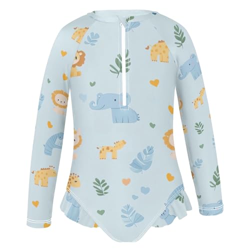 Cute Animal Light Blue Rash Guard One Piece Girls Swimsuit Long Sleeve Ruffles Swimwear Bathing Suits for Kids 3T2