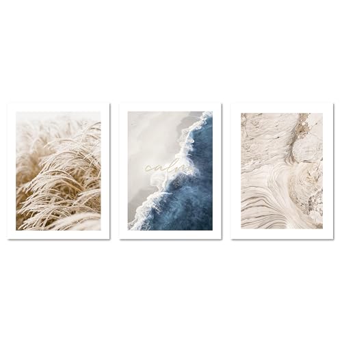 Trio sérénité beige et bleu affiches nature pour salon