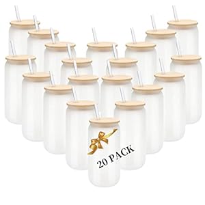 20 Pack Sublimation Blank Beer Glass Cup Can Shaped Frosted with Bamboo Lids Borosilicate Glasses Tumbler Mason Jar Cups Mug with Glass Straw for Beer, Juice, Soda, Iced Coffee, Drinks 16oz