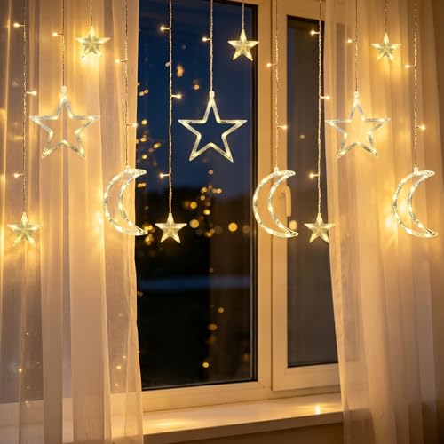 Moon Star Curtain String Lights 11.5ft 120LED Moon Fairy Lights with USB & Battery Operated(Not Include) 8 Lighting Modes IP65 Waterproof Starry Night Lights for Christmas Ramadan Wedding Birthday