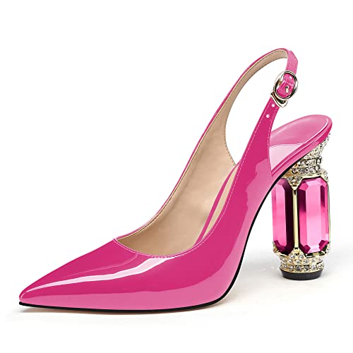 Image of JANSEVEN Women Chunky Heels Pumps Crystal Block Heels with Rhinestones Pointed Toe Sexy Gradient Patent Leather Slip on Bridal Party Wedding Dress Shoes 5-13 M US