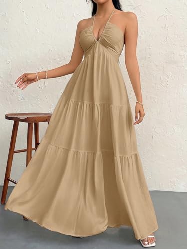Image of Narecte Women's Maxi Summer Dresses Halter V Neck Beach Dresses for Women A-Line Casual Dress for Vacation