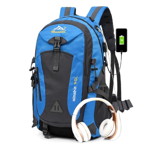 DEIUOGE Mochila impermeable de 40 L para hombres y mujeres, senderismo, viajes, camping, mochila pequeña y ligera para caminar, ciclismo, pesca, azul