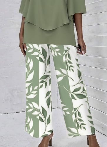 LOZ Women's 2 Piece Outfits Green 3/4 Sleeve Double Layer Top and Leaf Print Straight Leg Pants Lounge Set 2025 Trendy4