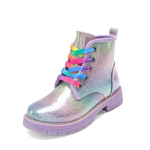 DREAM PAIRS Girls Boys Glitter Ankle Boots Side Zipper Combat Shoes with Lace Up for Toddler/Little Kid/Big Kid 10 Toddler Rainbow