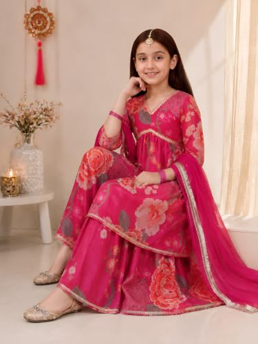 Image of Preneum Girls's Cotton Rayon Gota Pati Multi Floral Printed Angrakha Kurta with Sharara & Dupatta