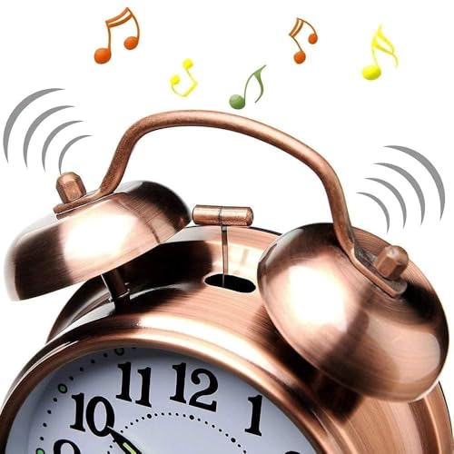 Image of DRONTER Vintage Twin Bell Analog Display Table Alarm Clock with Night LED Light Heavy Slippers Extra Loud Alarm Clock Ideal for Student and Kids Bedroom (Black) (COPPERr), 8x9 Cm