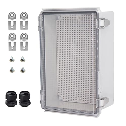 YETLEBOX Waterproof Electrical Box with Mounting Plate, IP67 Junction Box Stainless Steel Latch Hinged Clear Cover Project Enclosure with Wall Bracket and 2 Glands 10.2" x 6.3" x 3.9"
