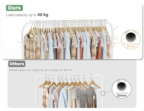 HOMIDEC Clothes Rail, Portable Clothes Rack with Hook and Metal Storage Shelf, Heavy Duty Clothes Rail on Wheels, Clothes Rails for Bedroom, Hanging Rails for Clothes, Holds up to 40 kg, White - Image 4