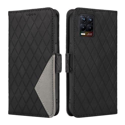Cover a Libro per Realme 8 5G Narzo30 5G Custodia a Portafoglio pelle Reticolo Romboidale con Funzione di Supporto e Slot per Carte - Nero