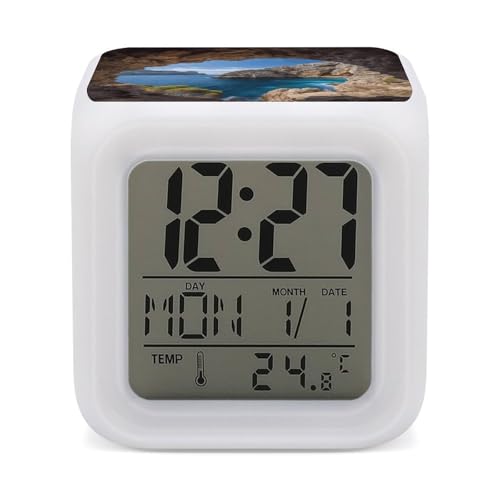 FodPand Arch in Mallorca Spain - Reloj despertador digital para dormitorio, con 7 colores cambiantes, luz nocturna con números LED grandes, relojes eléctricos, visualización de temperatura, relojes de