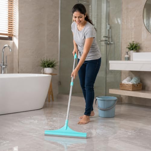 Image of Zureni Squeezee Wiper 16 inch with Silicone Blade, Laminated Rod, and Tapered Rubber for Water, Floor Cleaning, and Dirt Removal for Home, Glass & Tiles in Bathroom & Kitchen (Random Colours)