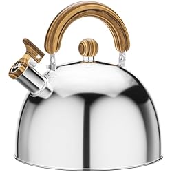 4.2 Quart Tea Kettle Stovetop Whistling for Stove Top, Handle Silver | Food Grade Stainless Steel Tea Kettles with Cool Wood Pattern Handle, Induction Compatible