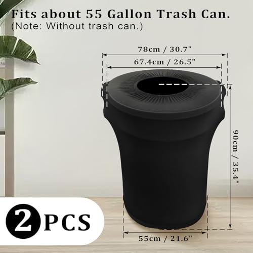Image of BSTKEY 55 Gallon Stretch Spandex Trash Can Cover, 2 Pack Outdoor Fitted Waste Container Cover Round Garbage Can Covers for Wedding Party Commercial Fundraiser Decor, Without Trash Can (Black)