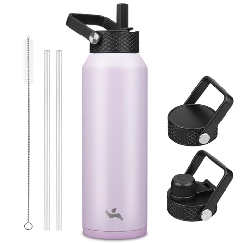 Image of Konokyo 40oz Insulated Stainless Steel Water Bottle with 3 Lids, Leakproof BPA-Free Bottle with Straw Lid, Sip Lid and Flex Cap for Gym, Travel, School, Office, Taro Purple